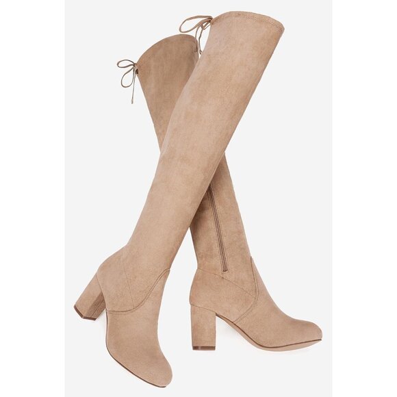 Women's Sand Suede Inner Zipper Thigh High Over The Knee High Square Heel Boots - Picture 2 of 8